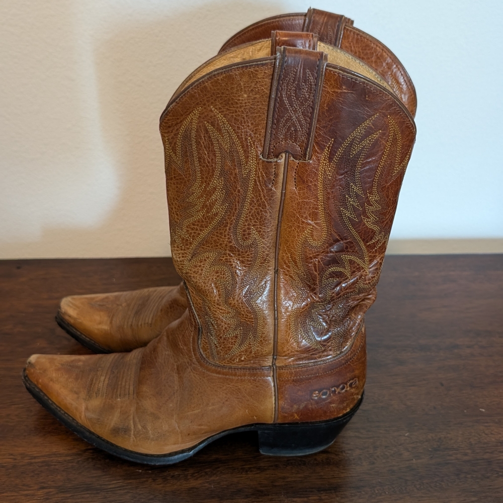 Brown Heeled Boots with Decorative Stitching